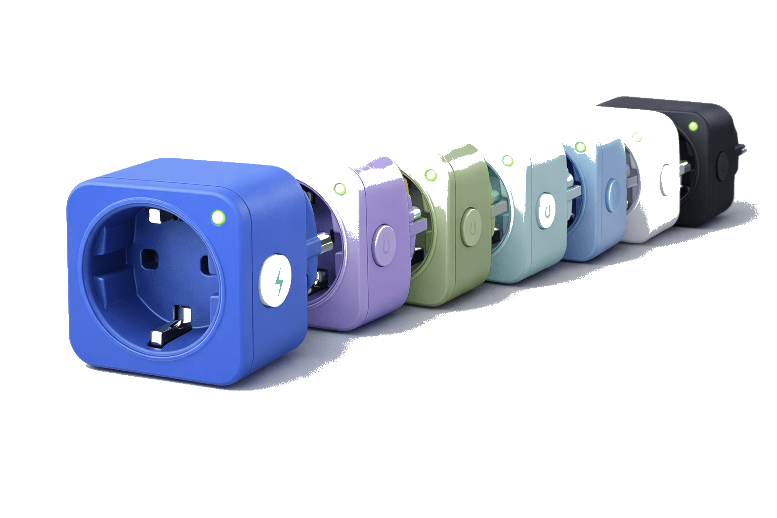 SmartPlugs AI-powered energy monitoring smart plugs available in 8 premium colors: Electric Blue, Lavender Purple, Soft Yellow, Mint Green, Turquoise, Sky Blue, Arctic White, and Slate Gray. Each plug features LED status indicator and EU Type F socket for real-time energy tracking and automated power management.